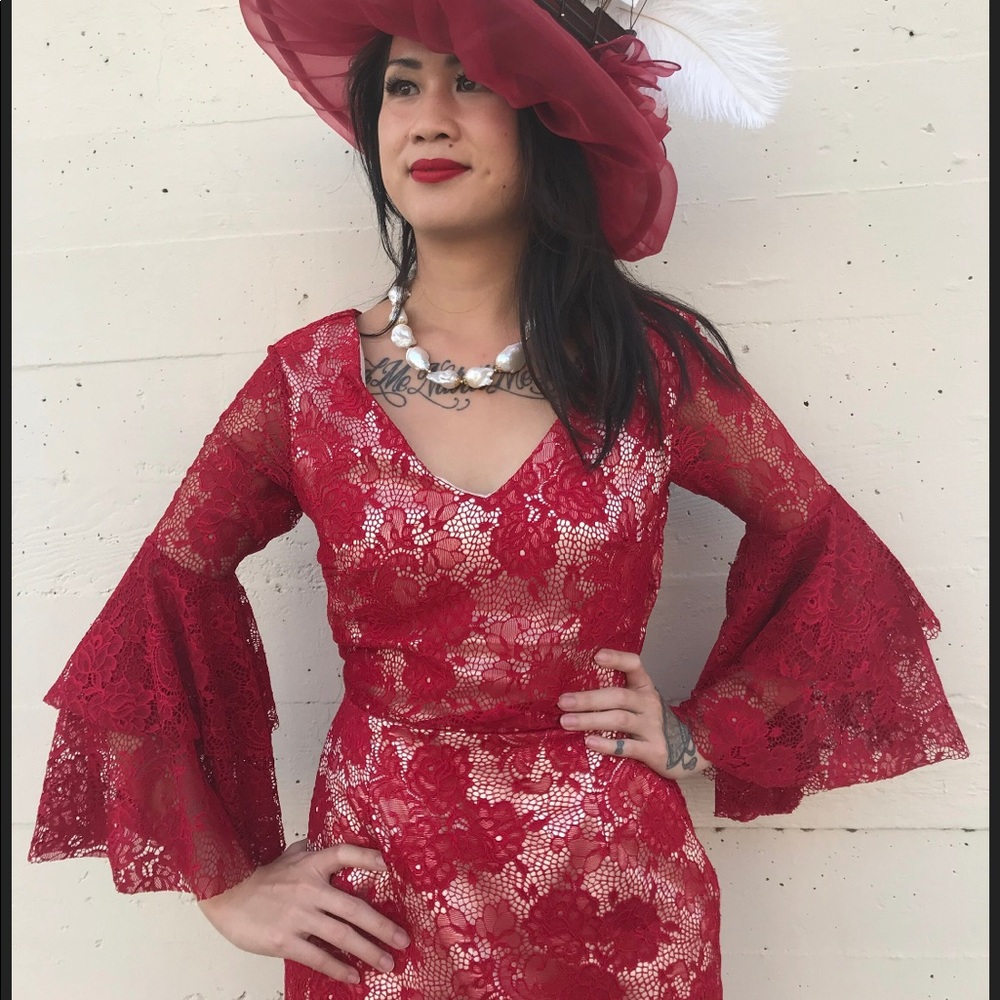 Burgundy Lace Dress with Bell Sleeves